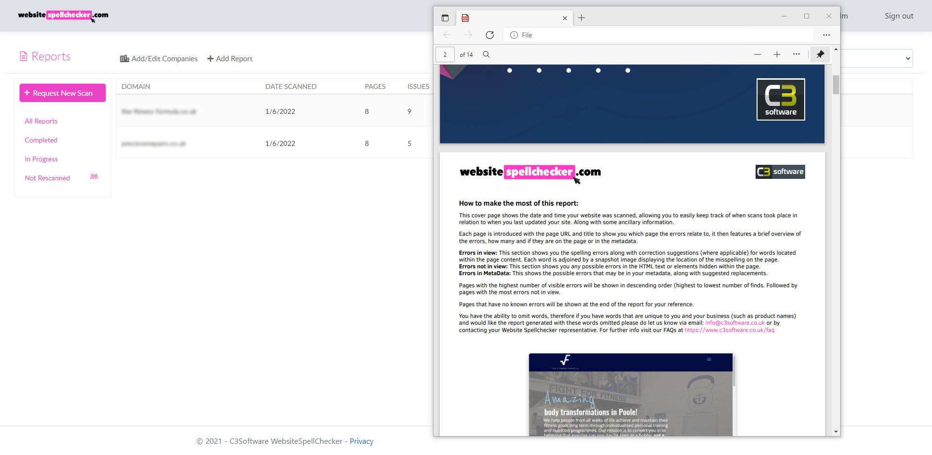 Website SpellChecker's spell check report and dashboard